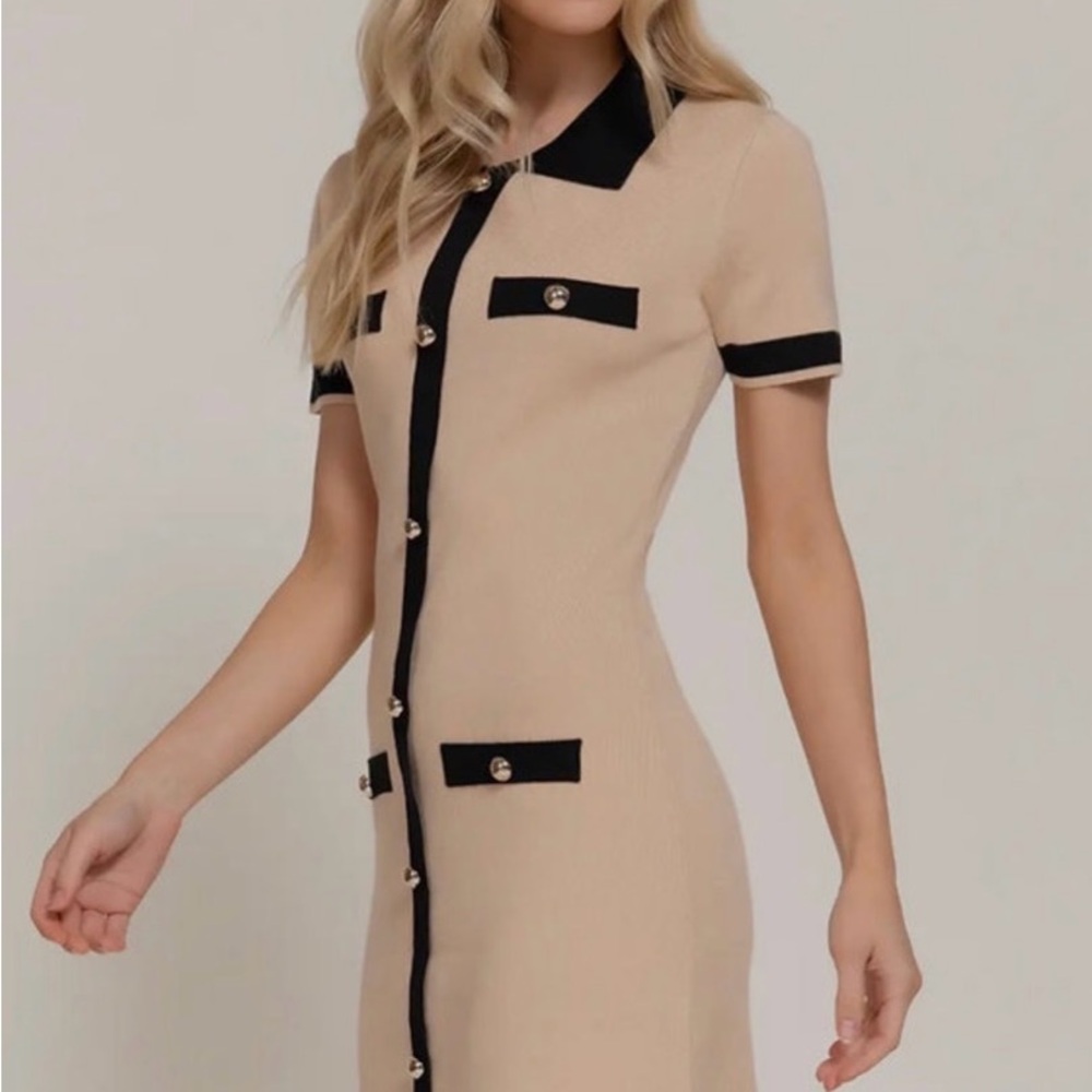 Elegant Beige and Black Button-Down Dress size L